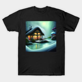 Sparkling Fantasy Cottage with Lights and Glitter Background in Snowy Scene, Scenery Nature T-Shirt